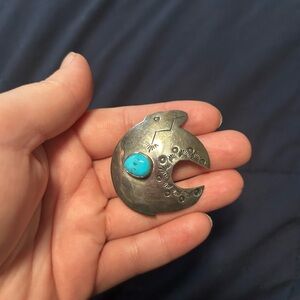Silver Moon Brooch with Turquoise Stone